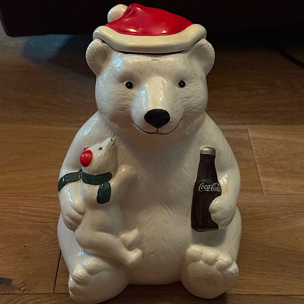 Coca Cola Polar Bear & Cub Cookie Jar Vintage 1998 Teleflora Holiday Jar